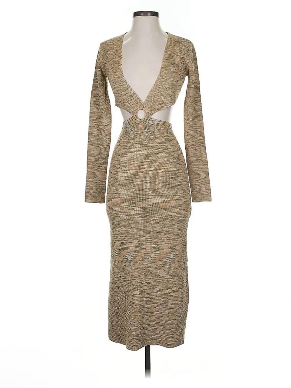 Forever 21 Cream textured Cut Out Ring Detail Long Sleeve deep v-neck midi Dress